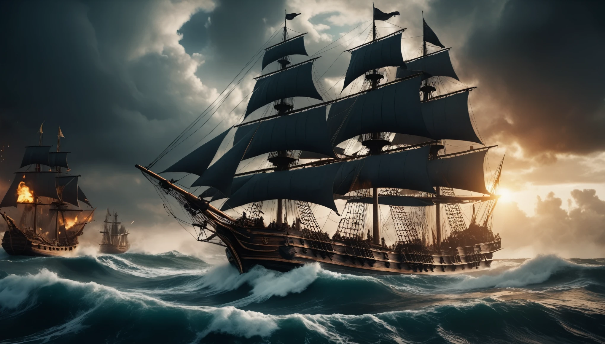  pirates fighting with swords and cannons, explosions, gunsmoke, intense battle scene, dramatic cloudy sky, massive waves, detailed wooden ship with sails, cinematic lighting, moody color palette, muted tones, (best quality,4k,8k,highres,masterpiece:1.2),ultra-detailed,dramatic composition,epic scale,cinematic perspective