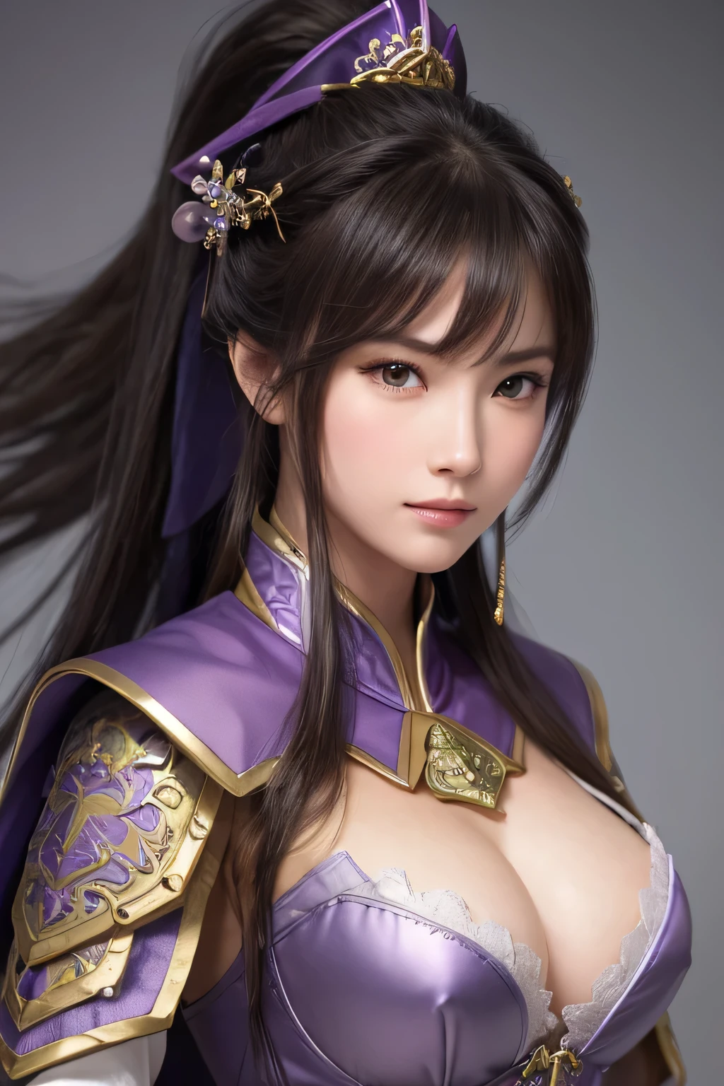 Close-up of a woman in armor and a purple cape, ponytail,Bangs asymmetry,large breasts and cleavage,Highly detailed face and skin texture,looking at the camera,Xianxia Hero, Chinese Warrior,Perfect beauty: 1.4, fine grain,double eyelid, Whitening skin,Highest quality,Ultra-high resolution