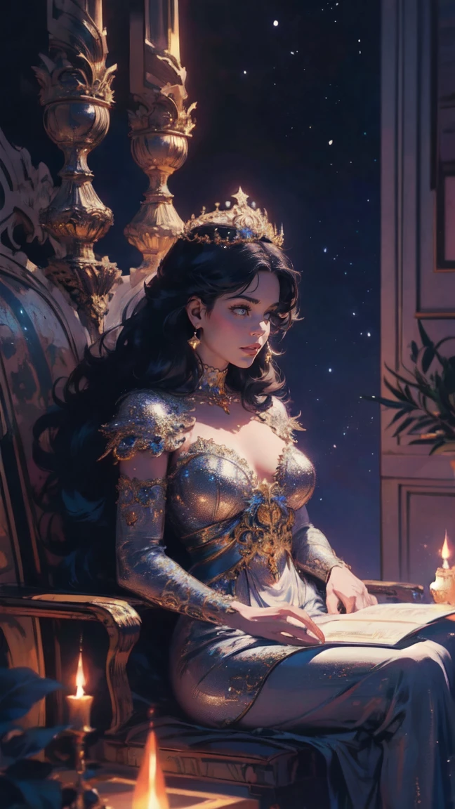 a beautiful goddess-like woman, crown of stars, long flowing hair, sitting on a crescent moon, glowing moonlight, ornate, intricate details, dramatic lighting, cinematic, ethereal, mystical, fantasy, digital art, highly detailed, 8k resolution, photorealistic, chiaroscuro, dramatic atmosphere, dramatic lighting