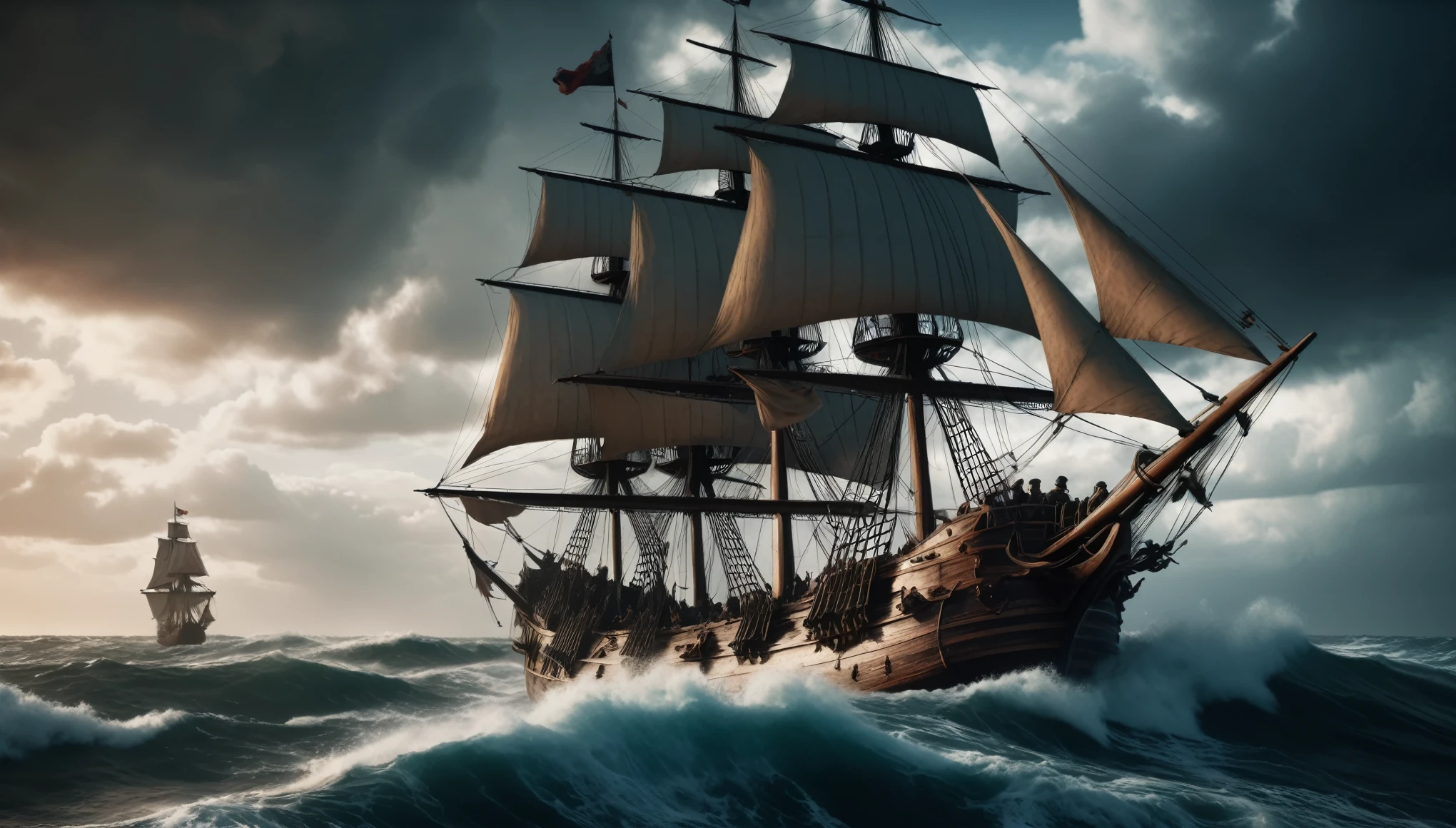  pirates fighting with swords and cannons, explosions, gunsmoke, intense battle scene, dramatic cloudy sky, massive waves, detailed wooden ship with sails, cinematic lighting, moody color palette, muted tones, (best quality,4k,8k,highres,masterpiece:1.2),ultra-detailed,dramatic composition,epic scale,cinematic perspective