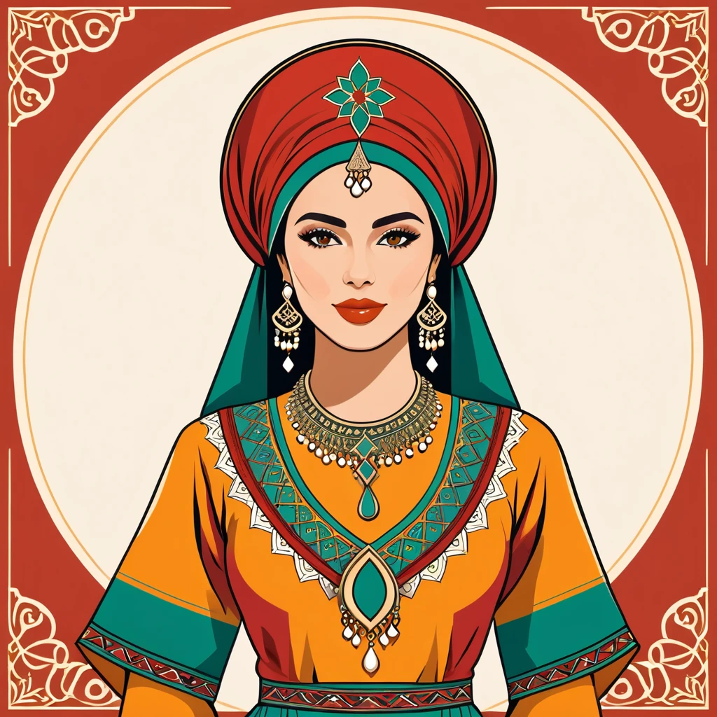woman in morocco folk outfit, vector graphics, strong contours, logo design