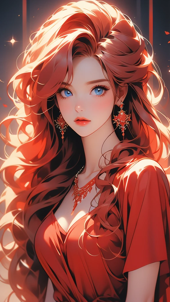 a beautiful blonde haired woman in red dress with long red hair, 1girl, jewelry, blue eyes, breasts, solo, earrings, long hair, looking at viewer, necklace, red hair