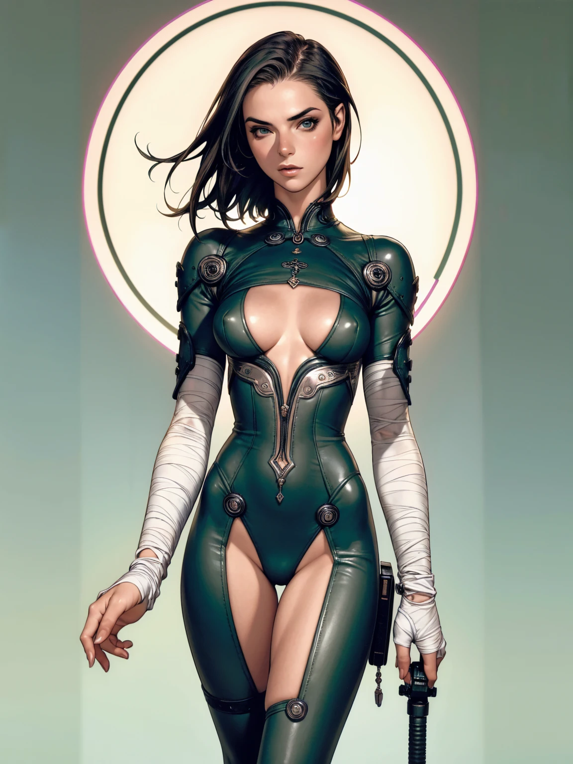(((Annie Lennox))), ((( transparent suit ))), (((Bandaged body))), ((high collar)), (((dark bluish green))), (((best qualityer: 1.4))), (Unbeatable masterpiece), (hiper HD),(CG 8k hyper-realistic), (((brave face))), (((breasts big))), (((hyper feminine))), sexly girl, Tron,(black bob hair)), ((( sculptural body ))), (((1 Kizi))), Kizi cibernética de 25 anos com perfectbody,,Beautiful and well-groomed face,muscular body:1.2,solid color detailed jacket, (Head to thigh photos), Complex equipment, green dark,Long pants,Tight clothes are dark,With white stars and off-white stripes,,,,,Armor Metal Electronic Parts, Poison tattoos ) INFO, Kizi, (((standing alone))), pirralha violent, ((())), sexly, pose de atitude, work of art, post-apocalypse, (((manga style))), bounty hunter, violent, Manic, the way you want, slenderbody, thin but strong, perfectbody, roupa moderna, advanced technology, neon, sleeves with vertical striped pattern, neutral background, (( cowboy shot )). intricate visual
