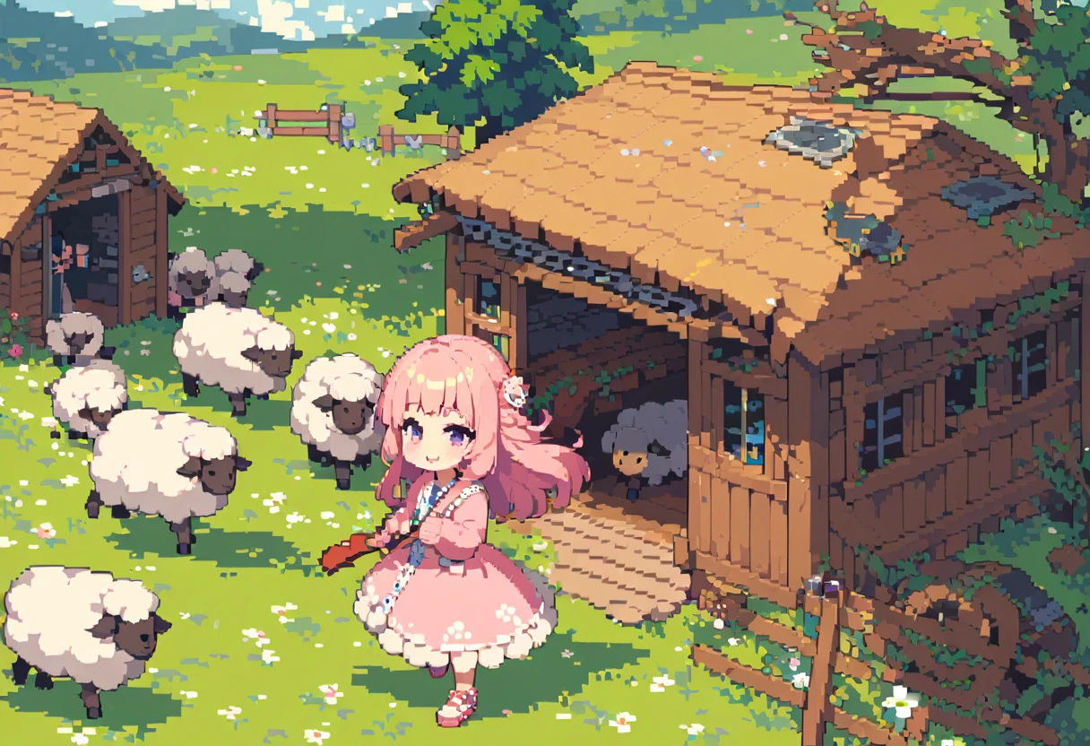 masterpiece, Highest quality, 8k, ((Detailed pixel art, Detailed)), Vivid, woman, 若いwoman, smile, cute, Directed at an angle, Open your mouth, Fluffy hair, Long Hair, Hair like sheep's hair, Pink Hair, eyebrow, 太いeyebrow, one piece, Pink clothes, Long skirt, cardigan, 水色のcardigan, shoes, 茶色いshoes, ((A very large sheep:1.3, 羊にwomanがもたれかかる:1.2)), grassland
