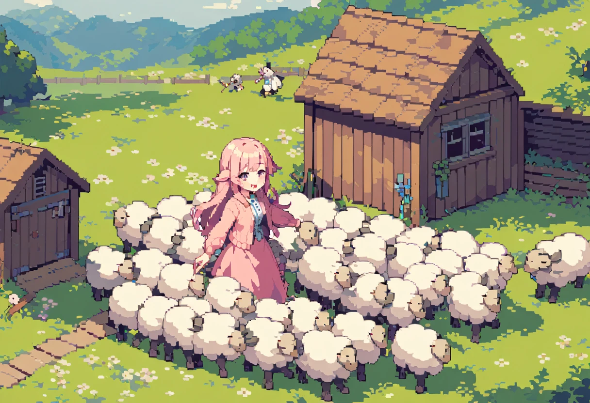 masterpiece, Highest quality, 8k, ((NSFW, Assjob, Turning her back, 1boy, penis, cum shot)), Pixel art, Pixel art, Vivid, Sheep, woman, 若いwoman, smile, cute, Directed at an angle, Open your mouth, Fluffy hair, Long Hair, Hair like sheep's hair, Pink Hair, eyebrow, 太いeyebrow