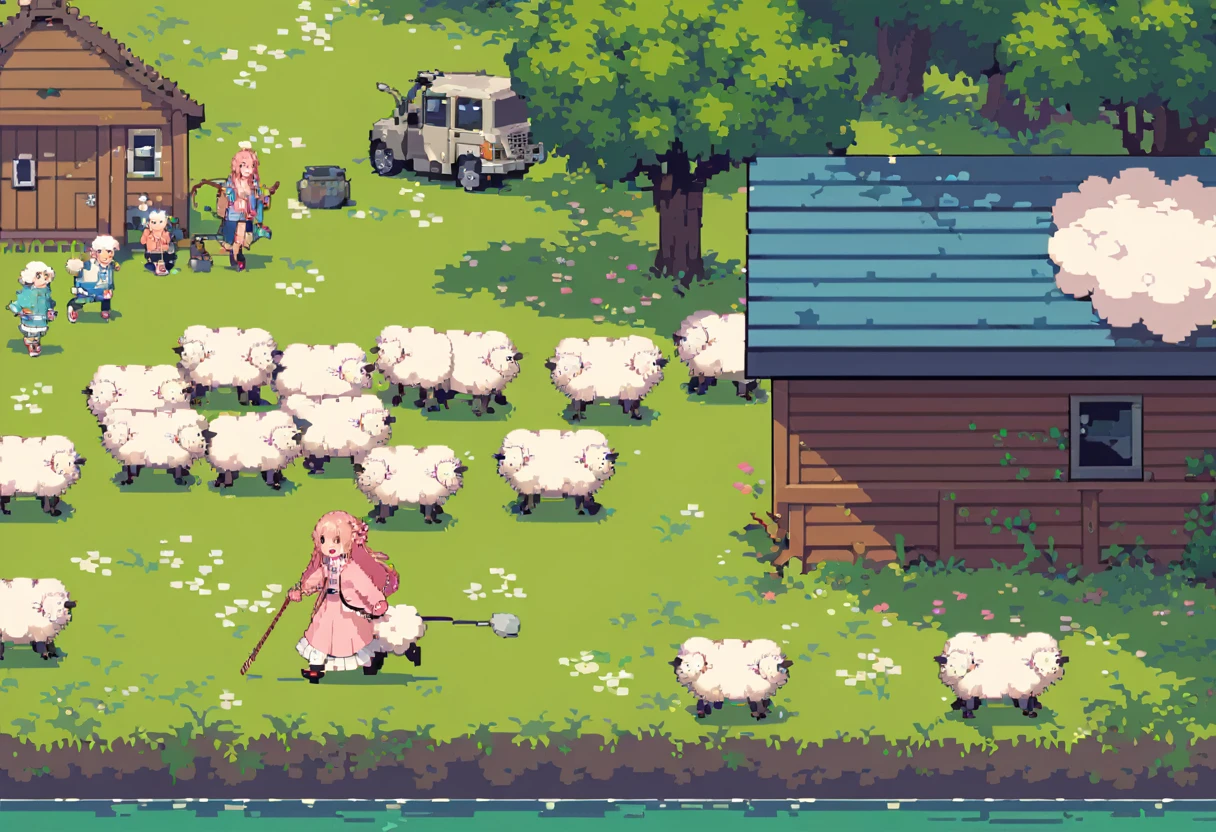 masterpiece, Highest quality, 8k, ((Detailed pixel art, Detailed)), Vivid, woman, 若いwoman, smile, cute, Directed at an angle, Open your mouth, Fluffy hair, Long Hair, Hair like sheep's hair, Pink Hair, eyebrow, 太いeyebrow, one piece, Pink clothes, Long skirt, cardigan, 水色のcardigan, shoes, 茶色いshoes, ((A very large sheep:1.3, 羊にwomanがもたれかかる:1.2)), grassland
