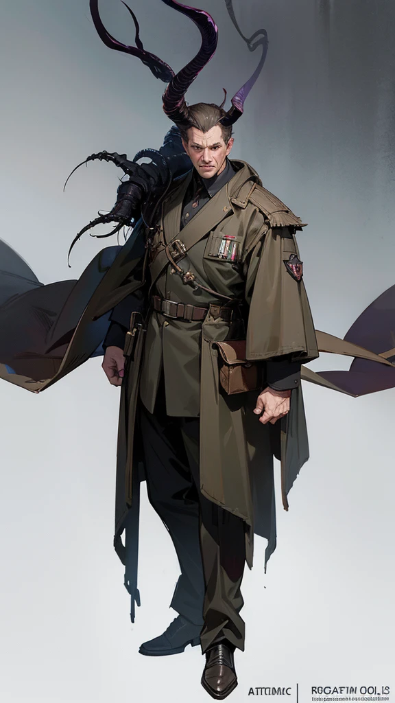 Man with eldritch horn, military outfit and military gear. Character Illustration, white background. (((Full Body, Realistic, High Quality)))