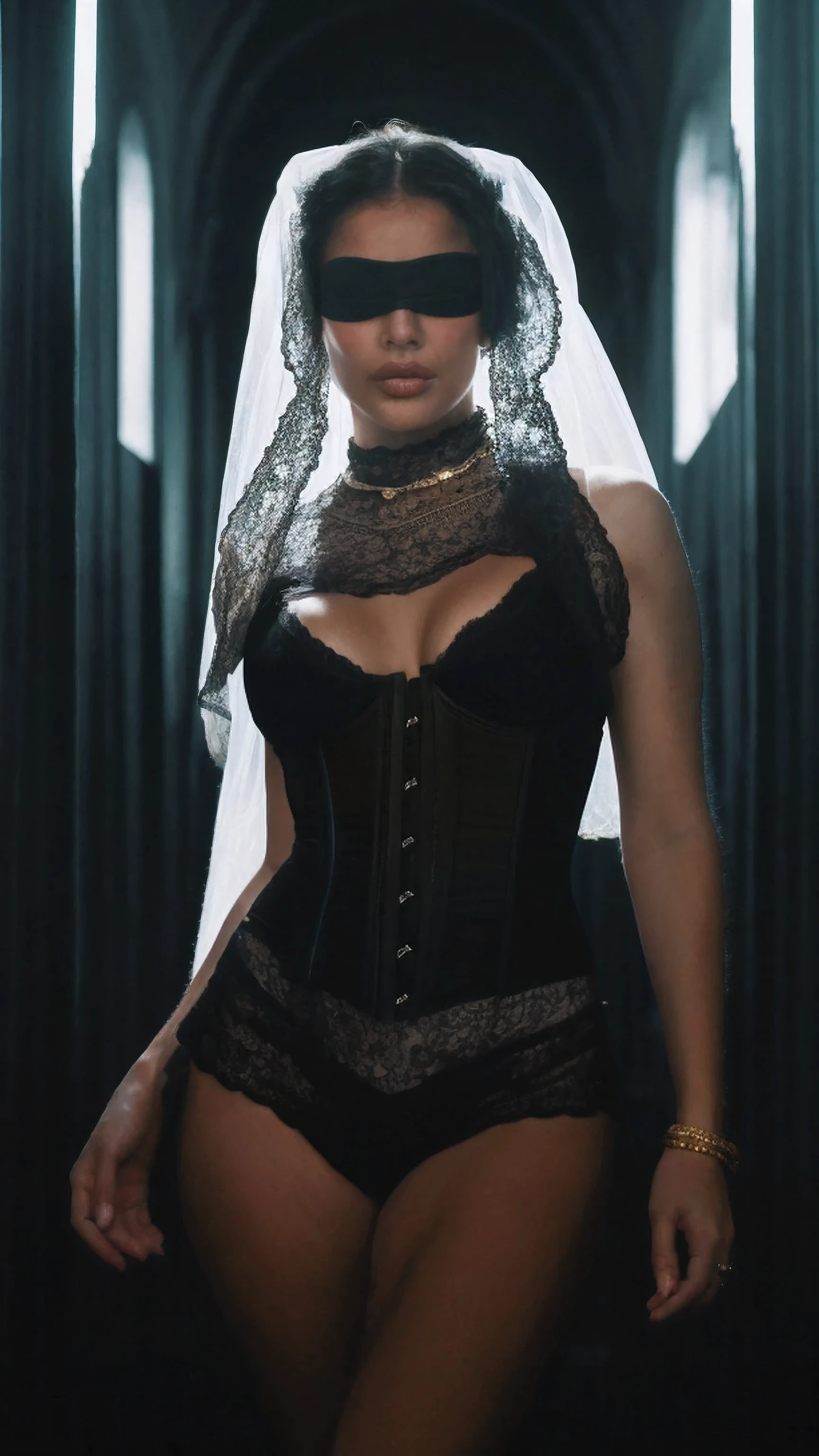 Bird´s-eye view, blindfolded White french woman with super extremly tight tiny waist and see through sheer turquoise corset, beautiful ta dress with petticoat, blindfolded and a long white veil, Bird´s-eye view, sf, intricate artwork masterpiece, ominous, matte painting movie poster, golden ratio, trending on cgsociety, intricate, epic, trending on artstation, by artgerm, h. r. giger and beksinski, highly detailed, vibrant, production cinematic character render, ultra high quality model