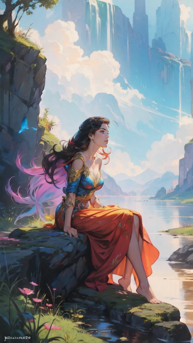 a dressed woman is sitting on a rock surrounded by fish, colorful digital fantasy art, hermoso arte UHD 4K, hermosa obra de arte digital, Arte digital 4k muy detallado, gorgeous digital art, karol bak uhd, digital art fantasy art, beautiful gorgeous digital art, digital art fantasy, detailed fantasy digital art, Arte digital detallado 4k