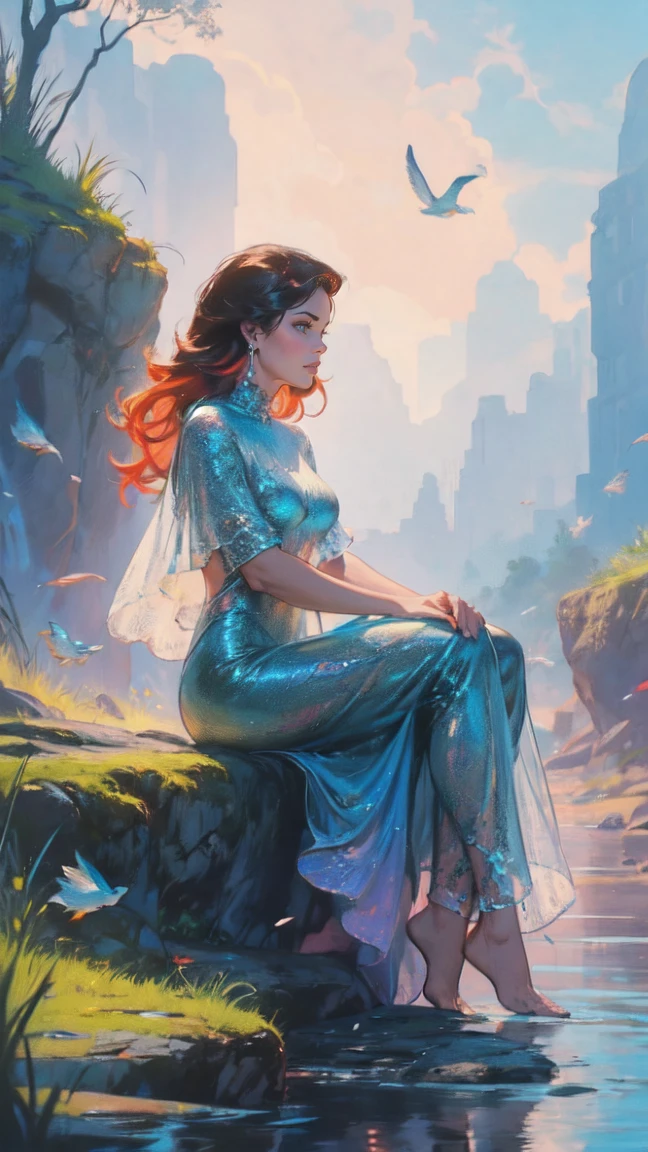 a dressed woman is sitting on a rock surrounded by fish, colorful digital fantasy art, hermoso arte UHD 4K, hermosa obra de arte digital, Arte digital 4k muy detallado, gorgeous digital art, karol bak uhd, digital art fantasy art, beautiful gorgeous digital art, digital art fantasy, detailed fantasy digital art, Arte digital detallado 4k