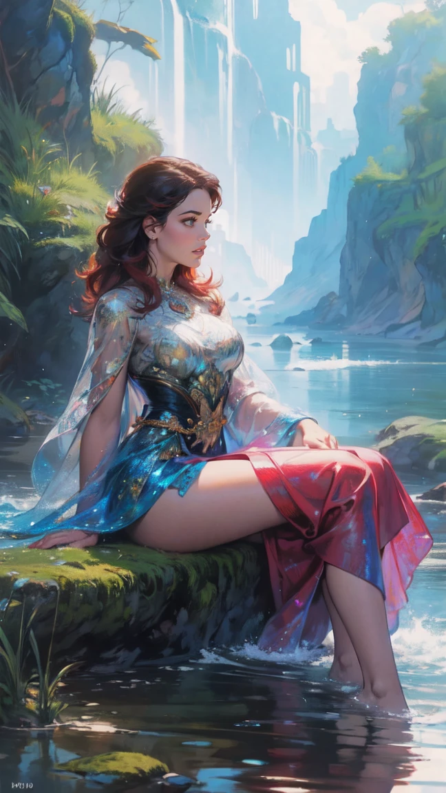 a dressed woman is sitting on a rock surrounded by fish, colorful digital fantasy art, hermoso arte UHD 4K, hermosa obra de arte digital, Arte digital 4k muy detallado, gorgeous digital art, karol bak uhd, digital art fantasy art, beautiful gorgeous digital art, digital art fantasy, detailed fantasy digital art, Arte digital detallado 4k