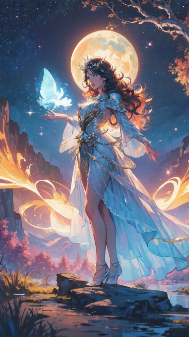 (high quality full body shot:1.2), (best quality:1.2), (masterpiece:1.2), official art, official wallpaper, surreal, beautifulgoddess, (woman:1.1), (long wavy hair:1.1), (flower crown:1.1), (celestial:1.2), (divine:1.2), (mystical creatures:1.1), (floating islands:1.1), (detailed landscape:1.1), (magic in the air:1.1), (stardust:1.1), night sky, (whimsical atmosphere:1.1), (dreamlike world:1.1), (bubbles:1.1), (luna moths:1.1), (moonlight:1.1), enchanted forest, (wisdom:1.1), (powerful energy:1.1), (guardian angels:1.1), (creation:1.2), (peaceful:1.1), vibrant colors, HDR, (detailed:1.05), (extremely detailed:1.06), sharp focus, (intricate:1.03), (extremely intricate:1.04), (epic scenery:1.09), vibrant colors, (beautiful scenery:1.08), (detailed scenery:1.08), (intricate scenery:1.07), (wonderful scenery:1.05), beautiful face, [perfect eyes:0.8], [perfect skin:0.8], [detailed face:0.8], [detailed eyes:0.8], [detailed hair:0.8], [detailed lips:0.8],