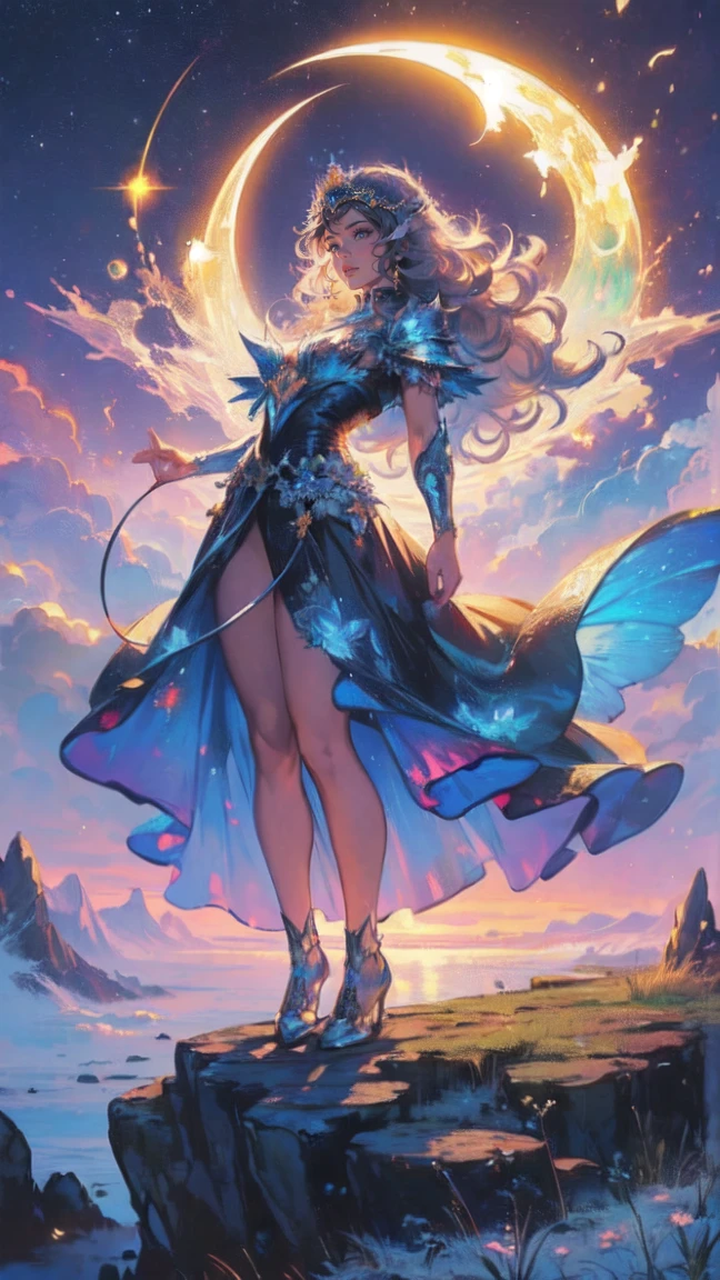 (high quality full body shot:1.2), (best quality:1.2), (masterpiece:1.2), official art, official wallpaper, surreal, beautifulgoddess, (woman:1.1), (long wavy hair:1.1), (flower crown:1.1), (celestial:1.2), (divine:1.2), (mystical creatures:1.1), (floating islands:1.1), (detailed landscape:1.1), (magic in the air:1.1), (stardust:1.1), night sky, (whimsical atmosphere:1.1), (dreamlike world:1.1), (bubbles:1.1), (luna moths:1.1), (moonlight:1.1), enchanted forest, (wisdom:1.1), (powerful energy:1.1), (guardian angels:1.1), (creation:1.2), (peaceful:1.1), vibrant colors, HDR, (detailed:1.05), (extremely detailed:1.06), sharp focus, (intricate:1.03), (extremely intricate:1.04), (epic scenery:1.09), vibrant colors, (beautiful scenery:1.08), (detailed scenery:1.08), (intricate scenery:1.07), (wonderful scenery:1.05), beautiful face, [perfect eyes:0.8], [perfect skin:0.8], [detailed face:0.8], [detailed eyes:0.8], [detailed hair:0.8], [detailed lips:0.8],
