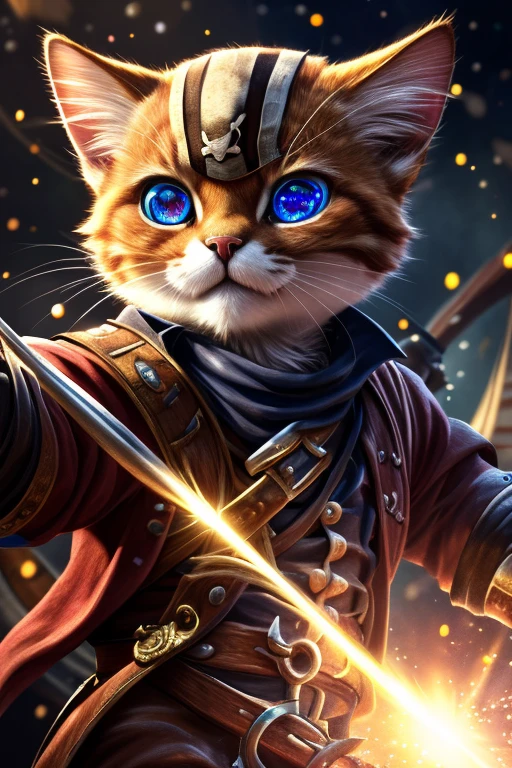 (Highest quality、masterpiece、8k))、Anatomically correct、Very detailed、High resolution、Realistic、((Beautiful, sparkling, detailed eyes))、Intricate details、((Dynamic composition))、kitten、Big head、((Pirate War))、One-on-one duels、海賊kittenと骸骨海賊が剣で戦っている、Lots of pirates、Fight、pirate ship、cutlass、101匹のkitten海賊、((複数のkitten海賊))
