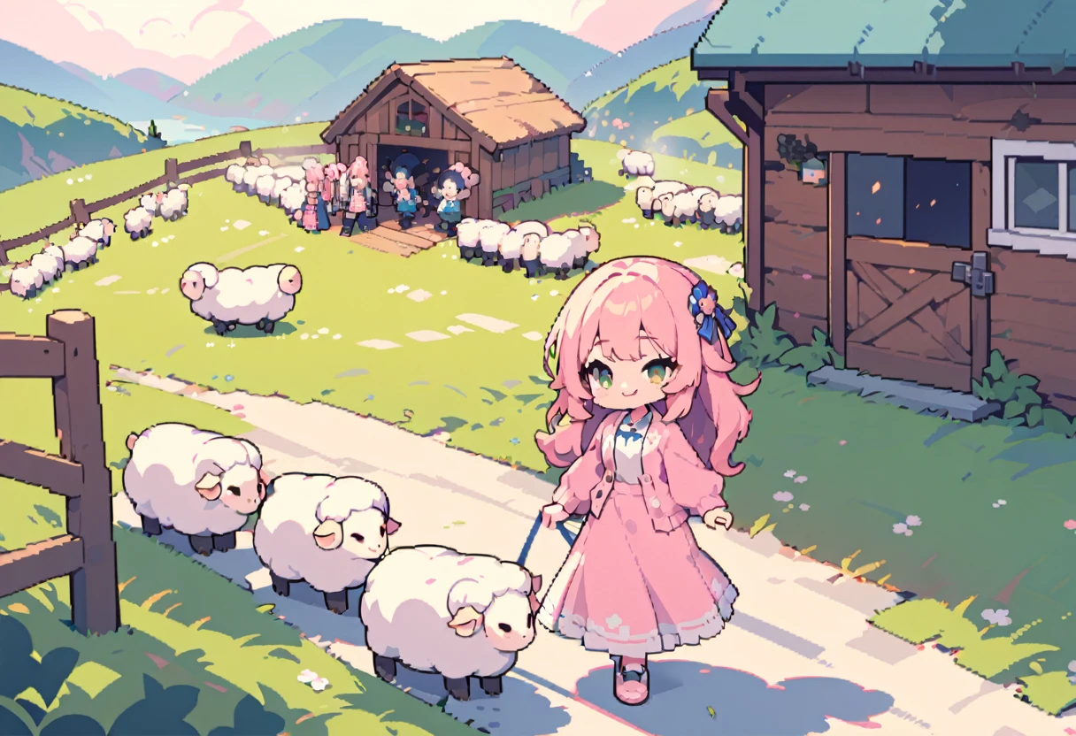 masterpiece, Highest quality, 8k, (Pixel Art), Vivid, woman, 若いwoman, smile, cute, Directed at an angle, Open your mouth, Fluffy hair, Long Hair, Hair like sheep's hair, Pink Hair, eyebrow, 太いeyebrow, one piece, Pink clothes, Long skirt, cardigan, 水色のcardigan, shoes, 茶色いshoes, ((Leading the sheep to the shed, Detailed sheep)), grassland