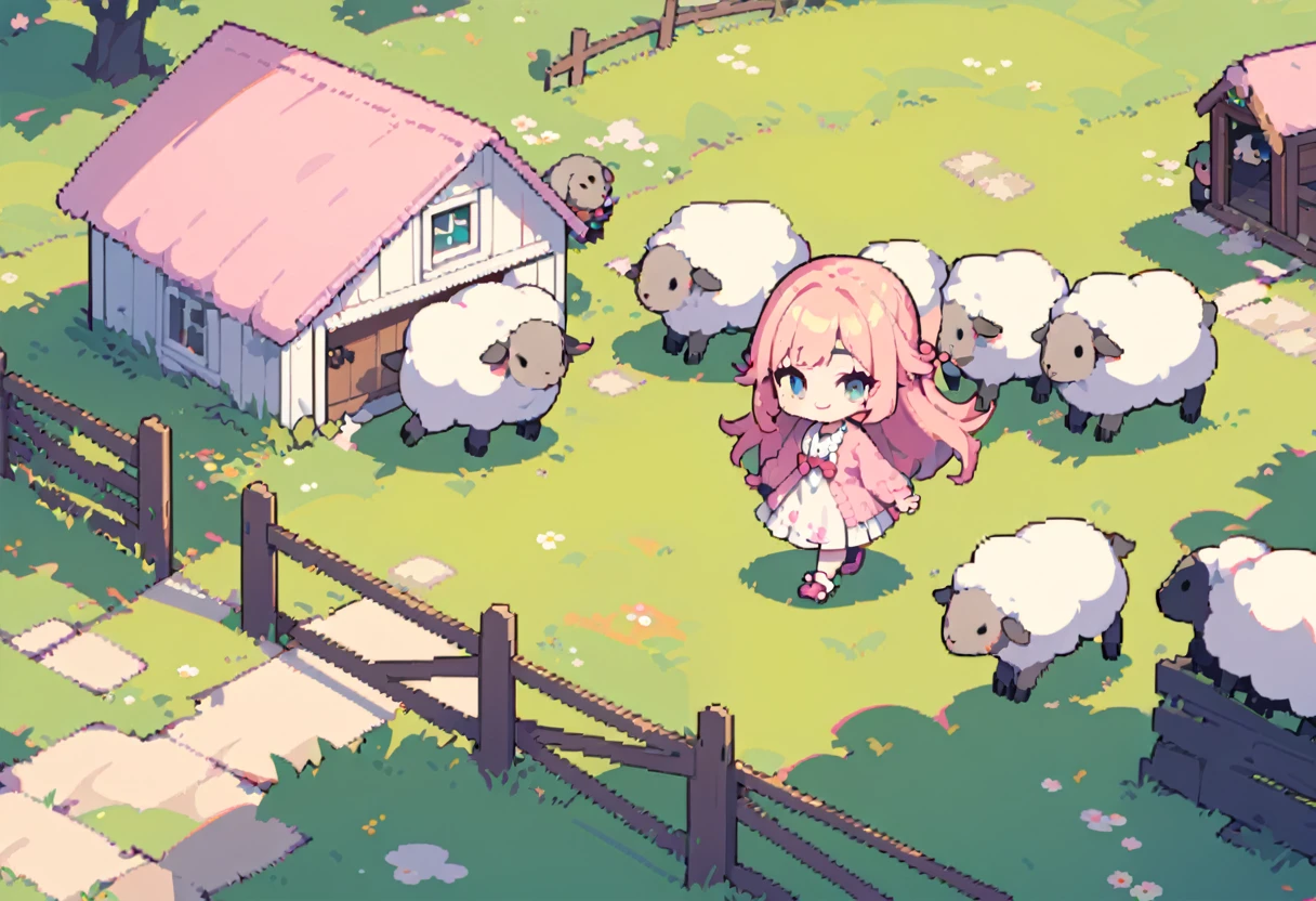 masterpiece, Highest quality, 8k, (Pixel Art), Vivid, woman, 若いwoman, smile, cute, Directed at an angle, Open your mouth, Fluffy hair, Long Hair, Hair like sheep's hair, Pink Hair, eyebrow, 太いeyebrow, one piece, Pink clothes, Long skirt, cardigan, 水色のcardigan, shoes, 茶色いshoes, ((Leading the sheep to the shed, Detailed sheep)), grassland