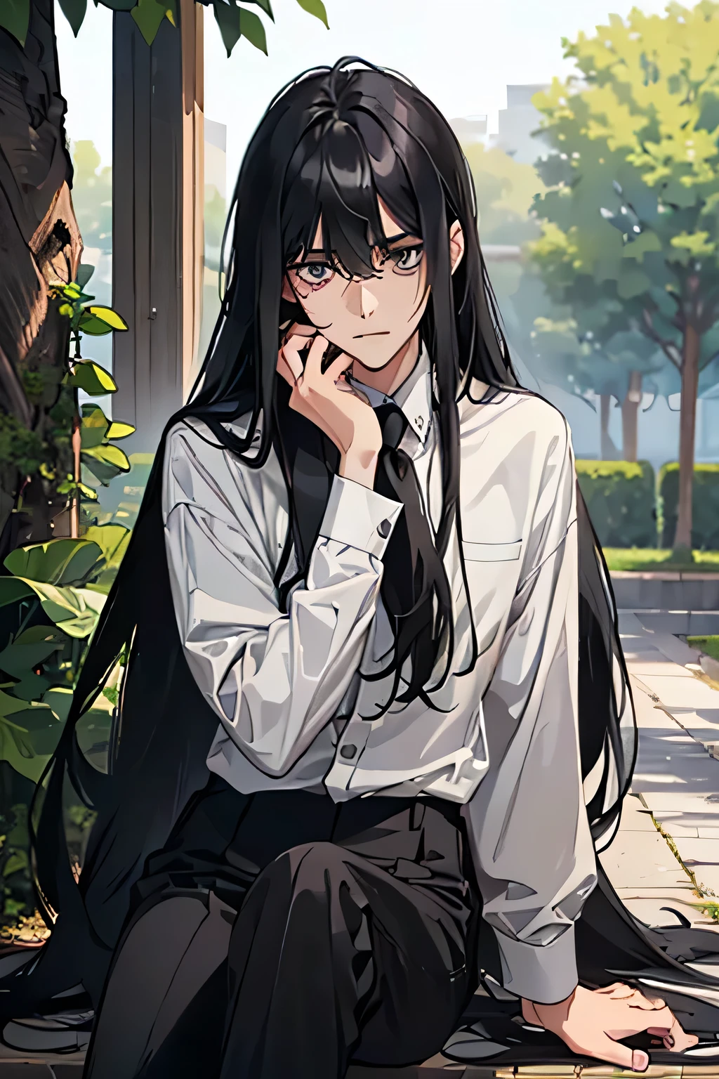 (((long hair and bangs))), a handsome young man, ((slim body)), ((Long straight black hair)), ((gray eyes)), ((simple school uniform)), he wears a white shirt, black pants, a melancholy expression on his face, thin eyebrows, long eyelashes, angelic face, sitting at the foot of a tree, ((androgynous boy))