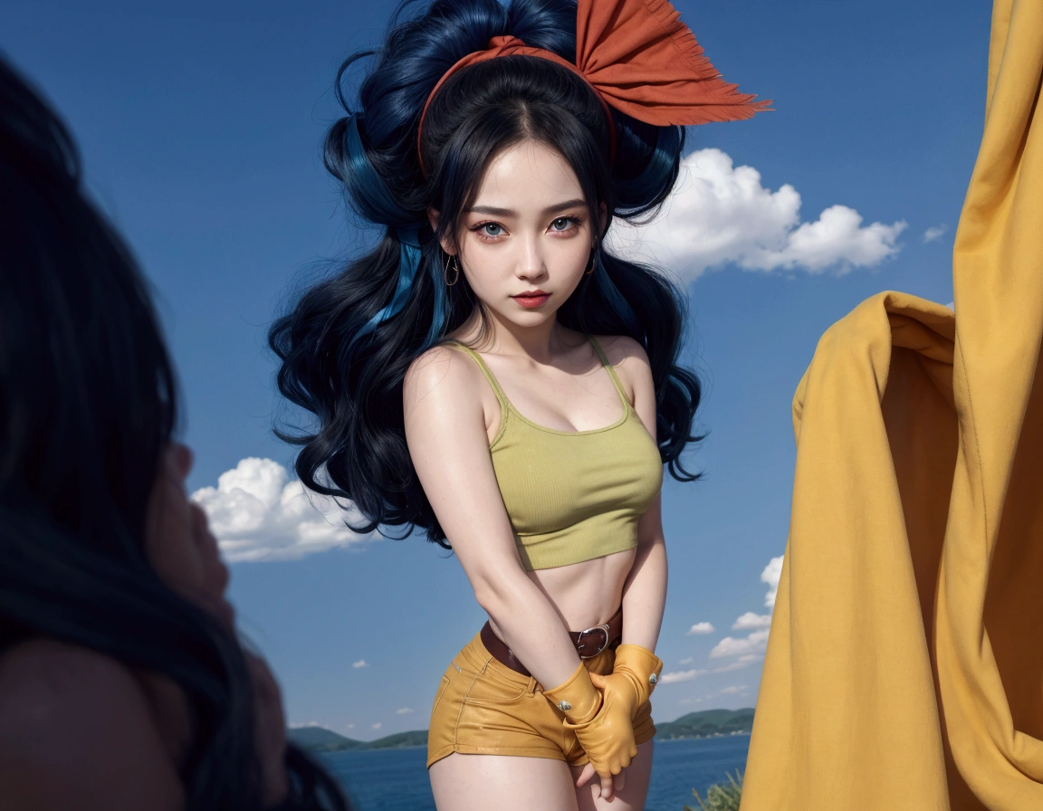((masterpiece, best quality, 4k, detailed, realistic)), insaneres, absurdres, solo, looking at viewer,
BlackHair_GoodLaunch_ownwaifu,
1girl, (long hair, (blue hair, curly hair), hair ribbon, black eyes, big breasts, red hairband, red cheeks, long eyelashes, light makeup,happy,brown eyes, bangs,
green shirt, crop top, midriff, fingerless gloves, cleavage, bare shoulders, navel, short shorts, collarbone, yellow shorts, tank top, belt, brown gloves,
outdoors, lens flare, depth of field, bokeh, vanishing point,
(contrapposto, hand on hip)), narrow hips, thick thighs,slim body,detailed face, detailed background, detailed hair, in a forest with a lake