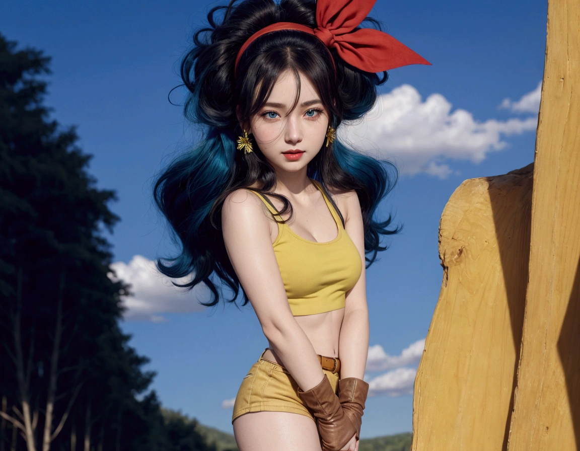((masterpiece, best quality, 4k, detailed, realistic)), insaneres, absurdres, solo, looking at viewer,
BlackHair_GoodLaunch_ownwaifu,
1girl, (long hair, (blue hair, curly hair), hair ribbon, black eyes, big breasts, red hairband, red cheeks, long eyelashes, light makeup,happy,brown eyes, bangs,
green shirt, crop top, midriff, fingerless gloves, cleavage, bare shoulders, navel, short shorts, collarbone, yellow shorts, tank top, belt, brown gloves,
outdoors, lens flare, depth of field, bokeh, vanishing point,
(contrapposto, hand on hip)), narrow hips, thick thighs,slim body,detailed face, detailed background, detailed hair, in a forest with a lake