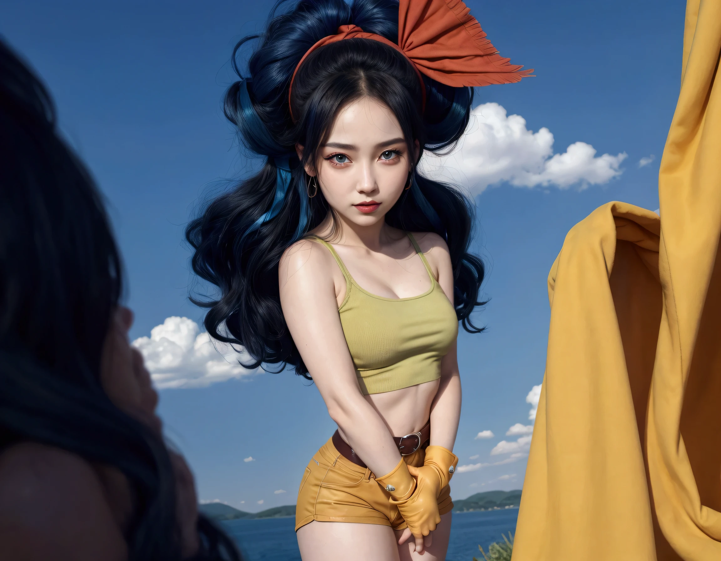 ((masterpiece, best quality, 4k, detailed, realistic)), insaneres, absurdres, solo, looking at viewer,
BlackHair_GoodLaunch_ownwaifu,
1girl, (long hair, (blue hair, curly hair), hair ribbon, black eyes, big breasts, red hairband, red cheeks, long eyelashes, light makeup,happy,brown eyes, bangs,
green shirt, crop top, midriff, fingerless gloves, cleavage, bare shoulders, navel, short shorts, collarbone, yellow shorts, tank top, belt, brown gloves,
outdoors, lens flare, depth of field, bokeh, vanishing point,
(contrapposto, hand on hip)), narrow hips, thick thighs,slim body,detailed face, detailed background, detailed hair, in a forest with a lake