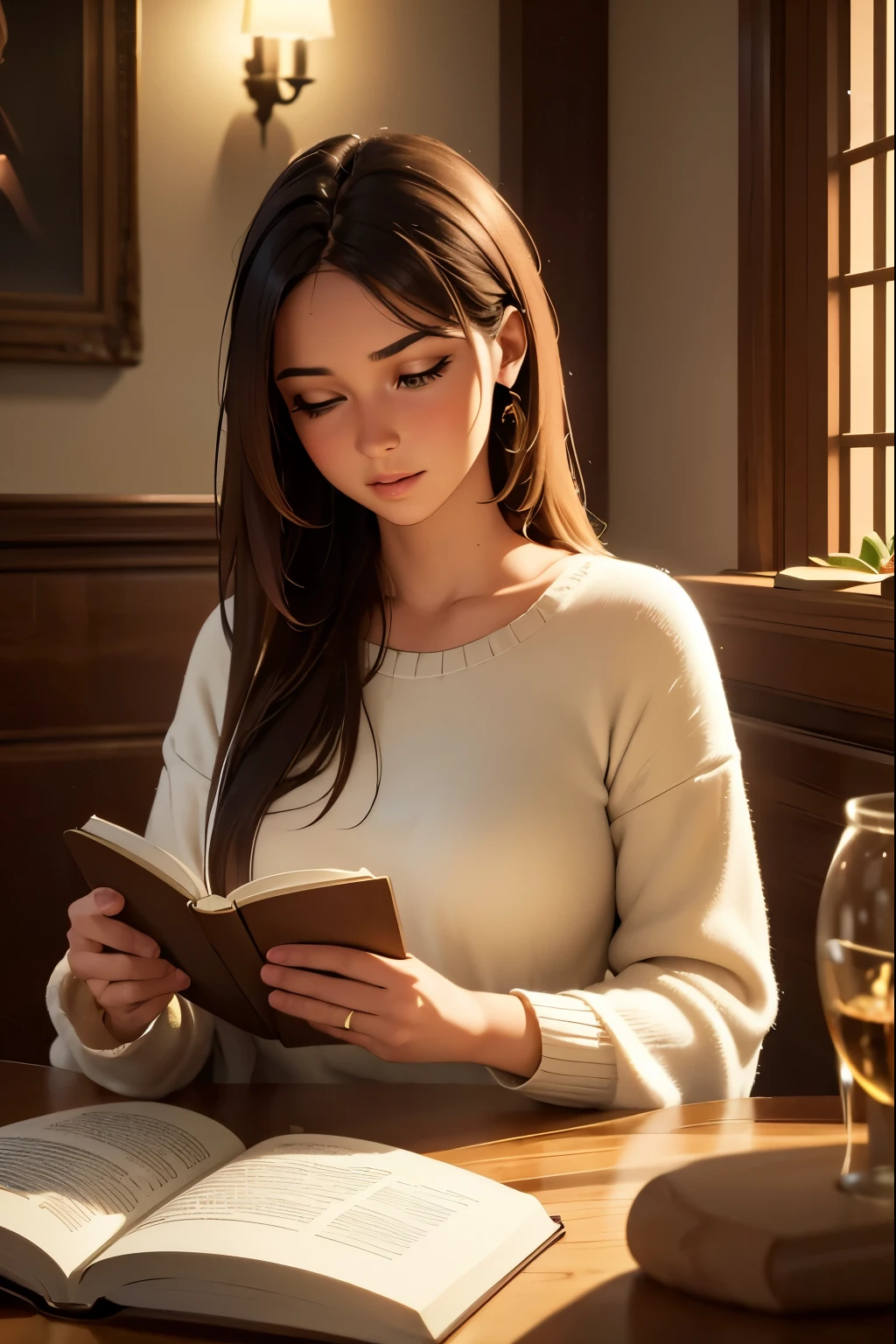 Create a stunning 3D hyper-realistic image of a beautiful girl sitting in a cozy, softly lit room, deeply immersed in reading a book. The scene should feature warm, inviting colors, with fairy lights gently illuminating the background. She has long, flowing hair and is wearing a comfortable yet styl