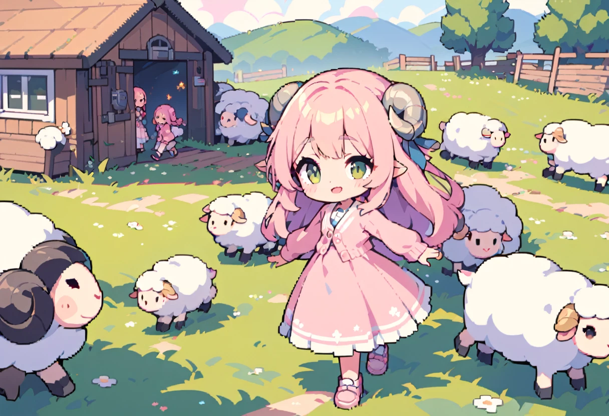 masterpiece, Highest quality, 8k, (Detailed pixel art), Vivid, woman, 若いwoman, smile, cute, Directed at an angle, Open your mouth, Fluffy hair, Long Hair, Hair like sheep's hair, Pink Hair, eyebrow, 太いeyebrow, one piece, Pink clothes, Long skirt, cardigan, 水色のcardigan, shoes, 茶色いshoes, ((Leading the sheep to the shed, Detailed sheep)), grassland