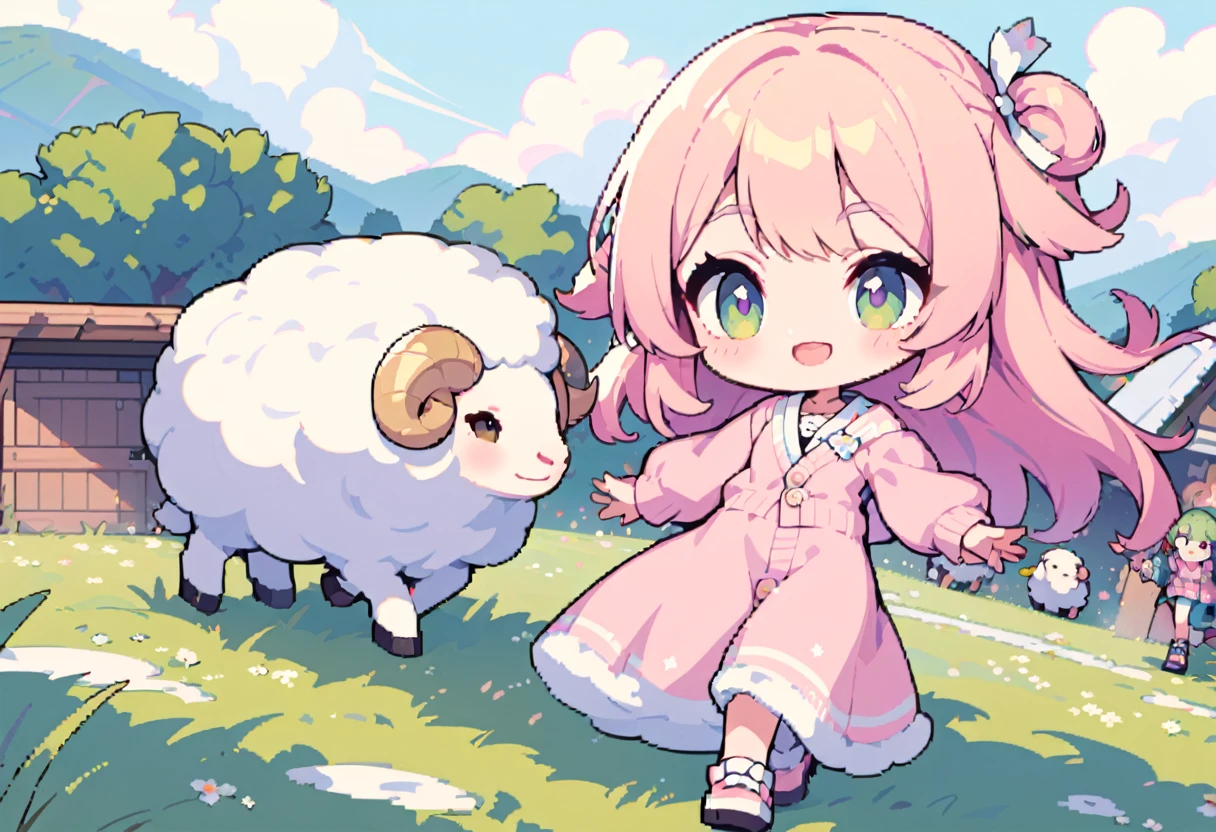masterpiece, Highest quality, 8k, (Pixel Art), Vivid, woman, 若いwoman, smile, cute, Directed at an angle, Open your mouth, Fluffy hair, Long Hair, Hair like sheep's hair, Pink Hair, eyebrow, 太いeyebrow, one piece, Pink clothes, Long skirt, cardigan, 水色のcardigan, shoes, 茶色いshoes, ((Leading the sheep to the shed, Detailed sheep)), grassland