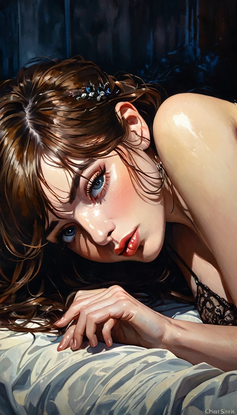 a sexy girl lying down, brown hair, blushing, hair ornament, sexy, lingerie, cum, hetero, pussy, vaginal, sweat, sex, 1boy, penis, vaginal fluids, (best quality, masterpiece, ultra detailed, illustration 1.2), (8K wallpaper), (beautiful eyes detailed 1.2), beautiful, amazing and detailed eyes, (detailed skin) between shadows, oil painting, chiaroscuro, sensual, dramatic lighting, moody atmosphere, photorealistic, intricate details, masterpiece, ultra-detailed, high quality, 8k, best quality, realistic, cinematic, dark and brooding, expressionistic, powerful composition, emotional impact, Bill Sienkiewicz inspired art
