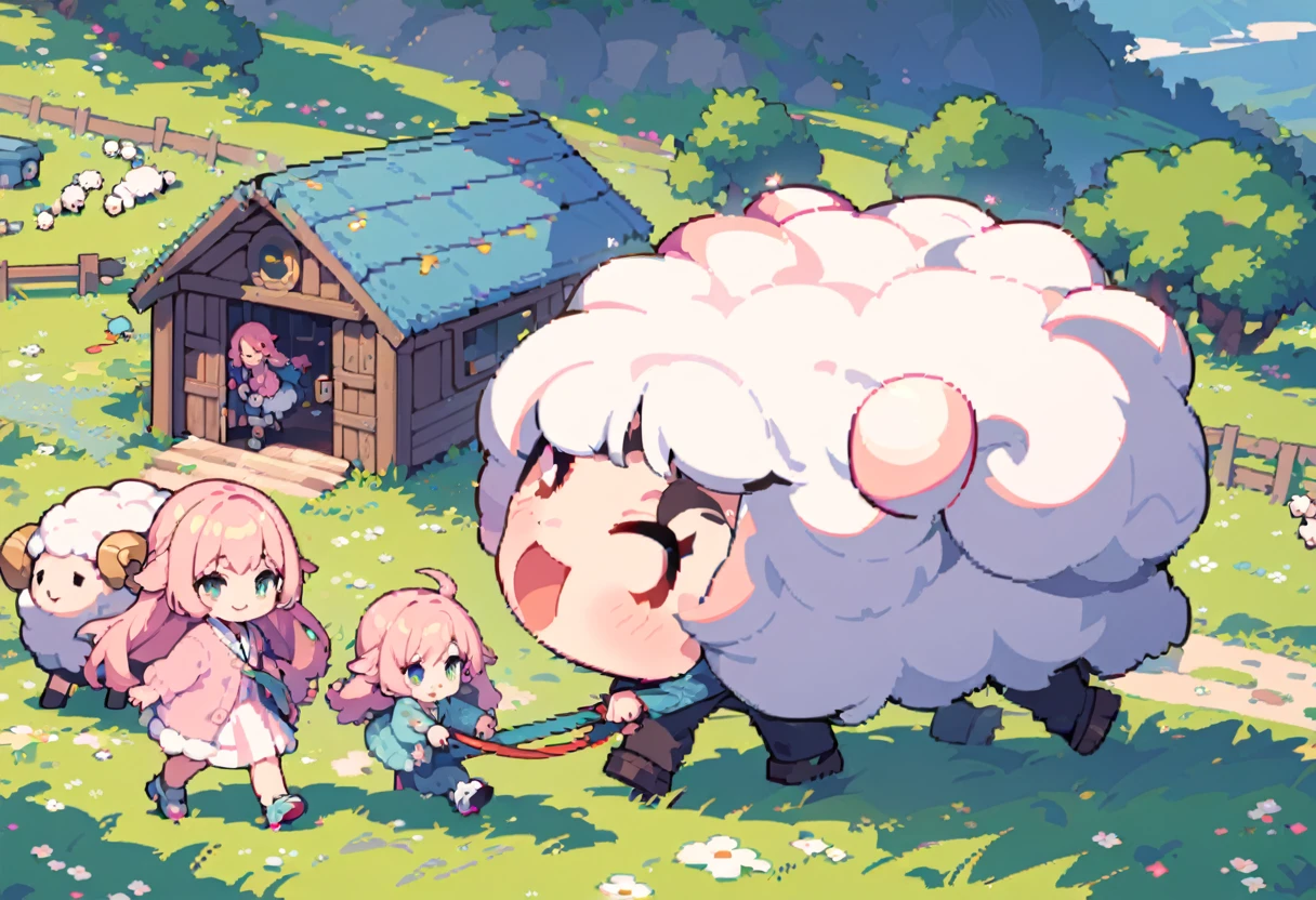 masterpiece, Highest quality, 8k, (Pixel Art), Vivid, woman, 若いwoman, smile, cute, Directed at an angle, Open your mouth, Fluffy hair, Long Hair, Hair like sheep's hair, Pink Hair, eyebrow, 太いeyebrow, one piece, Pink clothes, Long skirt, cardigan, 水色のcardigan, shoes, 茶色いshoes, ((Leading the sheep to the shed, Detailed sheep)), grassland