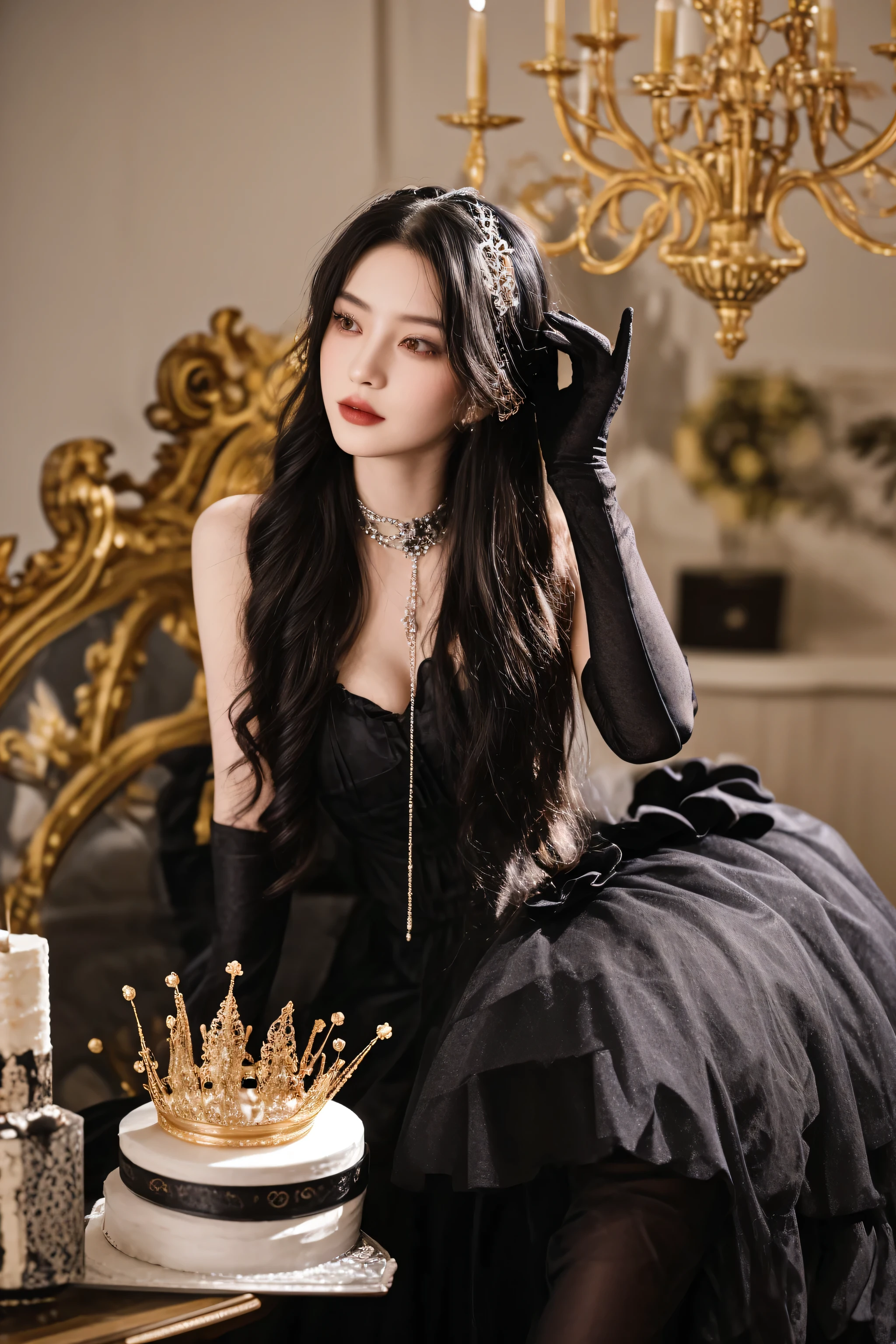 araffe woman in black dress sitting in front of a cake, an elegant gothic princess, royal elegant pose, wearing a black noble suit, gothic regal, sha xi, wearing a gothic dress, wearing black old dress and hat, black rococo, with crown, wearing gothic accessories, in victorian aristocrat, classical witch, lovely queen, bae suzy