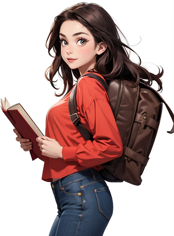 (cartoon style:1.2), (1 girl, solo), (girl is young, 20yo, (brown long hair), standing, looking at the viewer, carrying a backpack, (holding some books against her falnk), jeans, (red blouse), big eyes, slim body, Friendly expression on the face, (well-detailed face)), sunny day, (ultra detailed) ((best quality)), (full body), (white background), (side view)