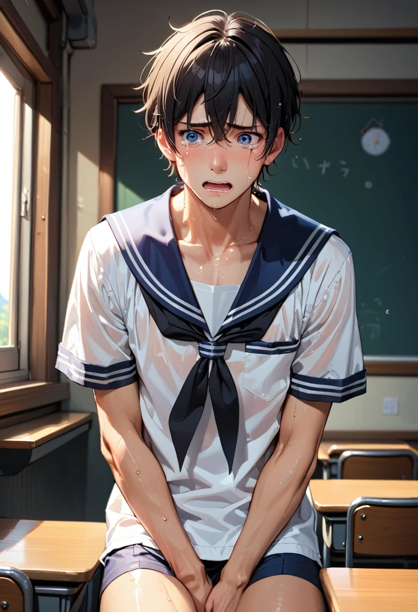 (highest quality,Cowboy shot:1.2),(perfect beautiful face:1.2),(perfect and beautiful posture:1.2),((Solo male:1.2)),(men's muscle body:1.2),(messy short cut hair), (confused:1.3,embarrassed:1.5), (shyness:1.1),(Sweaty, sunburned skin),(open mouth:1.3),Looking at viewer,classroom,window with black Night sky:1.3,((scared expression,constricted pupils:1.3,tears)),Sailor collar,Sailor shirt,black hair,(flat chest:1.5),hands Covering between legs,standing,((tall and thick:1.3))