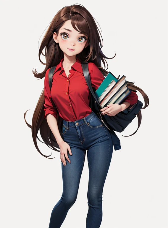 (cartoon style:1.2), (1 girl, solo), (girl is young, 20yo, (brown long hair), standing, looking at the viewer, carrying a backpack, (holding some books against her falnk), jeans, (red blouse), big eyes, slim body, Friendly expression on the face, (well-detailed face)), sunny day, (ultra detailed) ((best quality)), (full body), (white background)