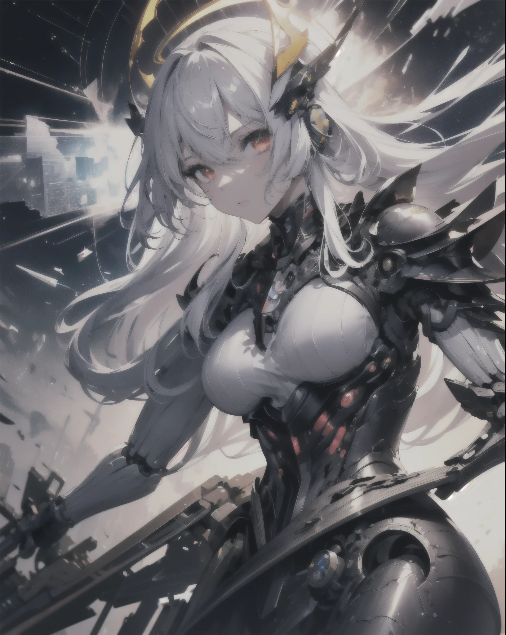 masterpiece,best quality,ultra-detailed,very detailed illustrations,extremely detailed,intricate details,highres,super complex details,extremely detailed 8k cg wallpaper,cowboy shot, caustics,reflection,ray tracing,demontheme,nebula,dark aura,cyber effect, (1girl:1.4),solo,alone,mecha musume,mechanical parts, robot joints,single mechanical arm, headgear, mechanical halo,star halo,intricate mechanical bodysuit, mecha corset, kimono, full armor, very long hair,white hair, hair between eyes, multicolored hair, colored inner hair, red eyes,glowing eye,eye trail, random expressions,random action, ancient japanese architecture,pond, starry sky,skyline,