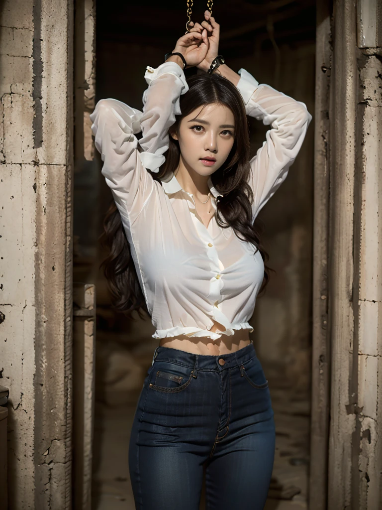 (8k, Highest quality, masterpiece: 1.2), (Realistic, photoRealistic: 1.37), beautiful, Sensual and erotic woman with a curvaceous body, Hair color is black、The eye color is dark brown、Long Hair、Straight hair、White shirt,play、Removed all buttons、takeoff、jeans, 頭の上にhandcuffsをかけられた, handcuffs、please stretch your arms、gag、In the basement, ((jeans))