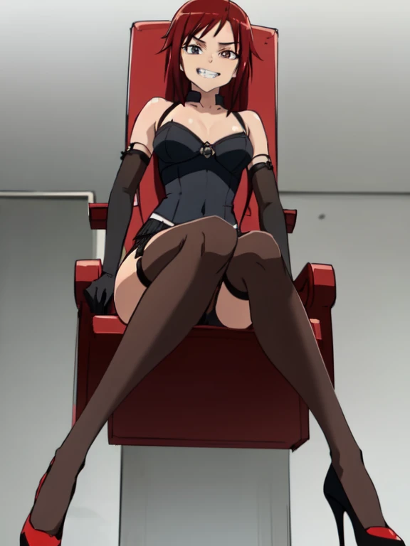 ((Highest quality)), ((masterpiece)), (detailed), prison, One girl, ((bare shoulders)), ((black bustier)), ((black stockings)), ((black g-string)), ((black high heels)), ((black garter belt)), ((black elbow gloves)), ((chair)), ((female sitting in a chair)), ((evil grin)), (((((from below))))), looking at viewer, ass pov, foreshortening,