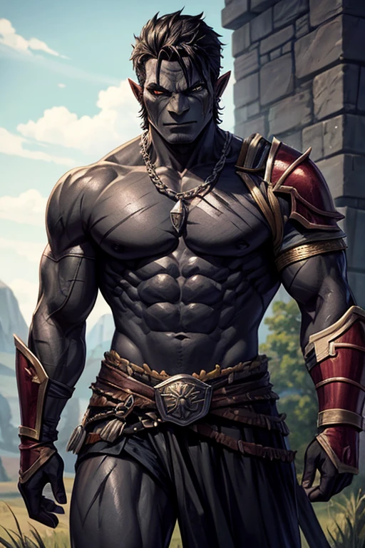 Half Orc, skin black, with scar, of armor.