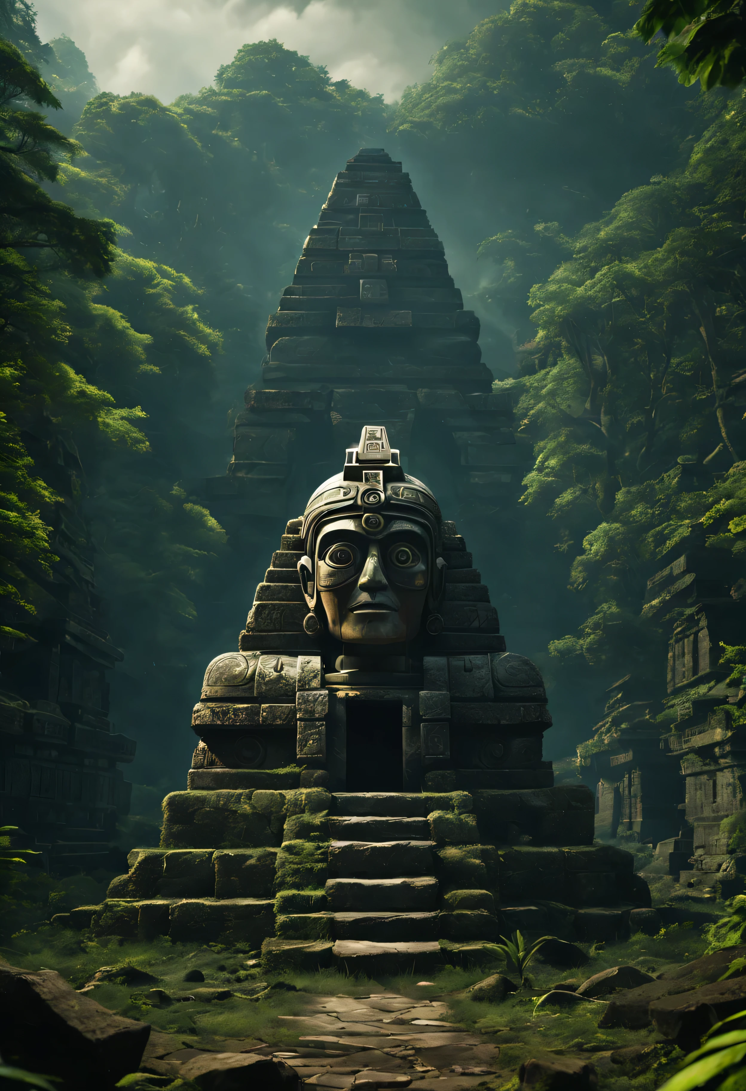 There is a stone statue in the middle of the forest, stone eyes, still from the Aztec robot movie, Front view of Freddy Mamani Sylvain, CG Games, film still promotional image, large temples, face shown, In the sanctuary, Check the ruins