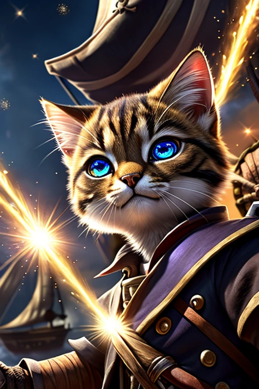 (Highest quality、masterpiece、8k))、Anatomically correct、Very detailed、High resolution、Realistic、((Beautiful, sparkling, detailed eyes))、Intricate details、((Dynamic composition))、kitten、Big head、((Pirate War))、One-on-one duels、海賊kittenと骸骨海賊が剣で戦っている、Lots of pirates、Fight、pirate ship、cutlass、101匹のkitten海賊、((複数のkitten海賊))
