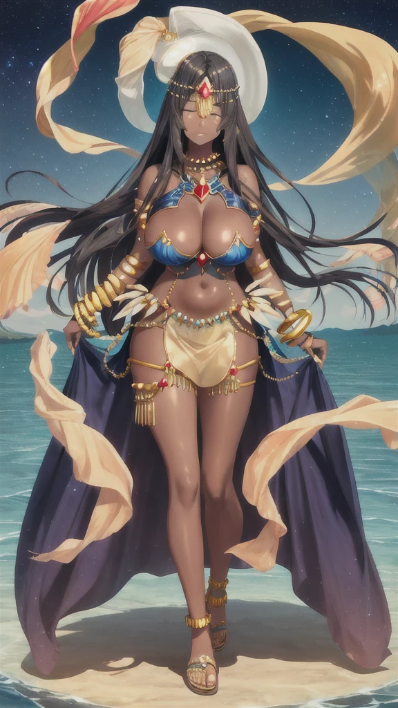 Dark-skinned adult woman with long straight hair, Huge breasts，Gold ruby head chain，squinting，blue silk clothing，Bare shoulders，bracelet，Cleavage，transparent long skirt，Bare legs，sandals，Standing，river，desert