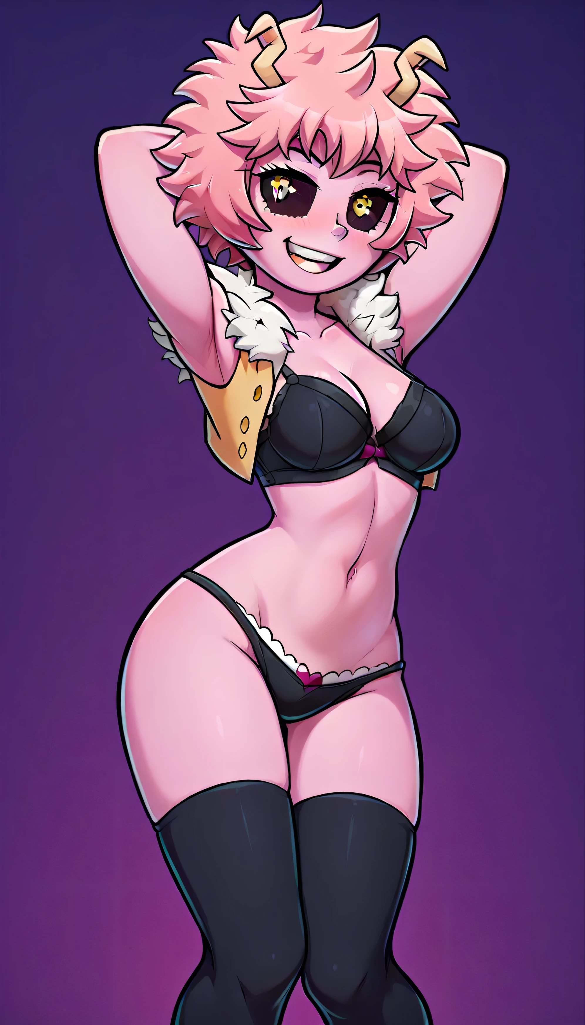 (((Mina Ashido))), My hero academy, medium breasts, small butt, half naked, (black panties), (black bra), plain underwear, black underwear, short stockings, (black stockings), standing, (((whole body))), sideways, (slightly bent knee), arms in the air, arms flexed, plain background, violet background, (totally pink face)