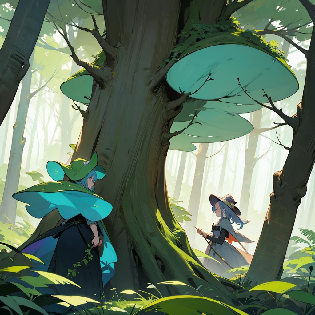 Two young witches in a fairy forest