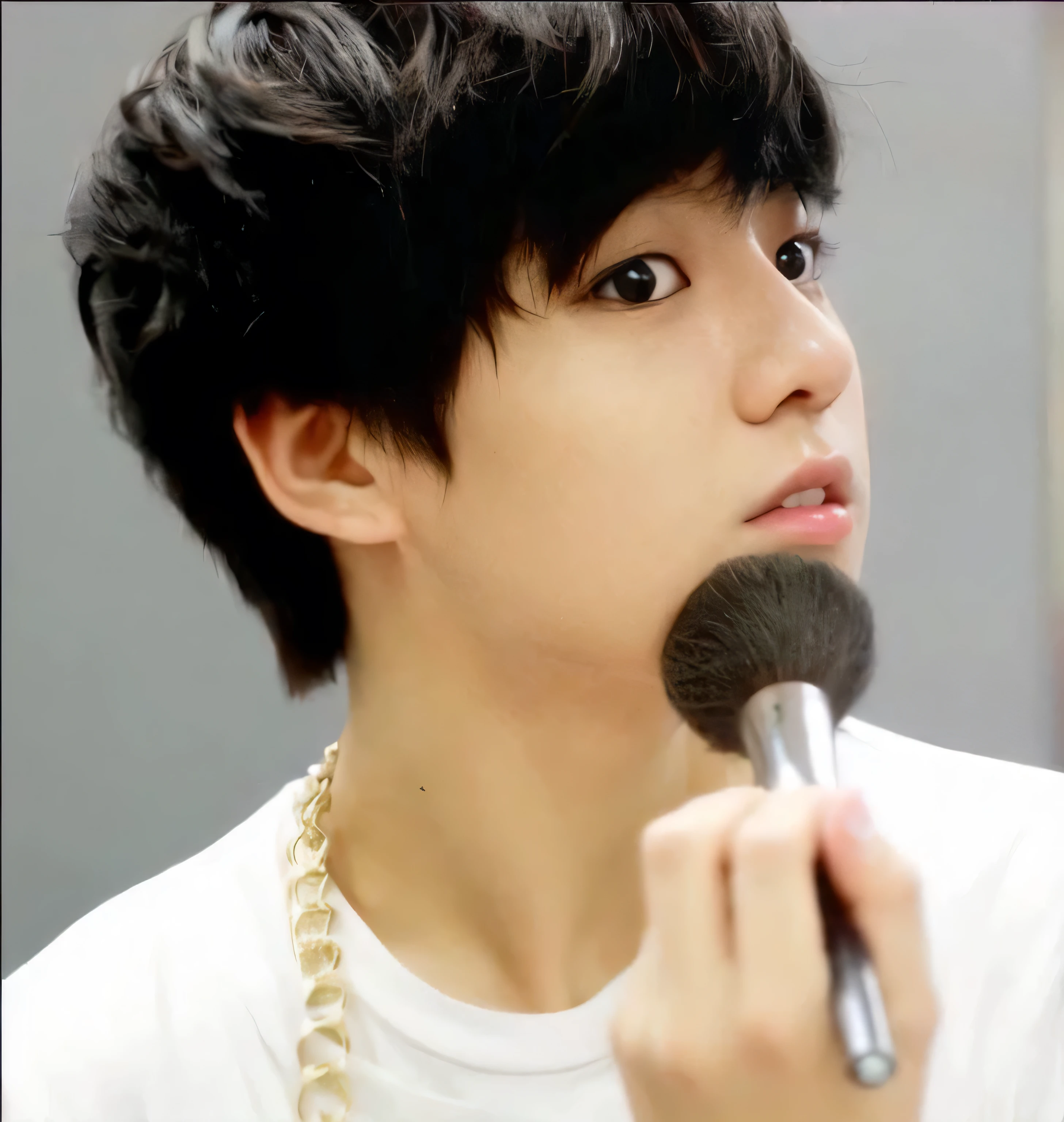 a girl with fluffy curly hair, holding her face in her hands, cute kawaii ulzzang style, y2k cutecore clowncore aesthetic, realistic detailed portrait, beautiful detailed eyes, beautiful detailed lips, extremely detailed face, long eyelashes, soft lighting, warm color palette, lofi girl aesthetic, cartoon avatar, ball head style