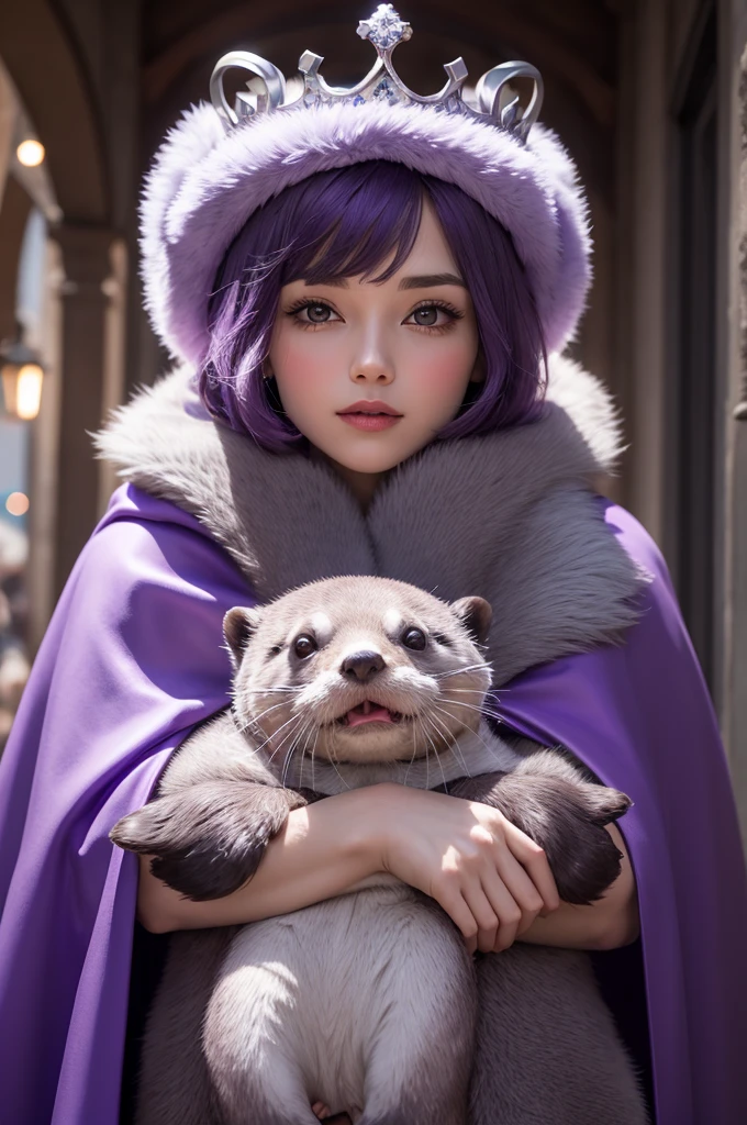 Woman with purple cape and silver crown holding an otter with purple cape and silver crown