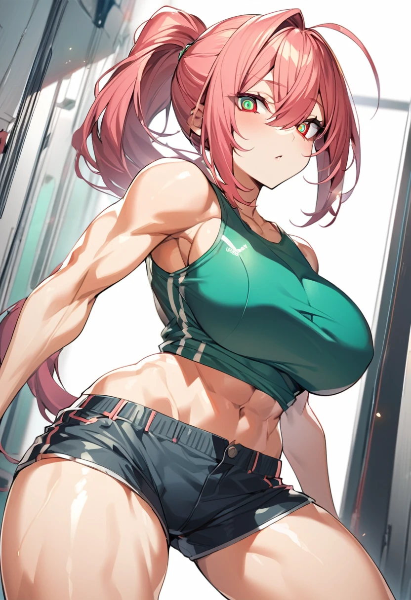 An anime girl with a slim body , Big breasts and hips , some muscles in the abdomen, rectangular cat eyes, red eyes , detailed eyes,hair with a ponytail, reddish-pink hair and a strand of aqua green bangs, He wears a black sleeveless sports shirt that shows some chest and jean shorts that show his thigh.