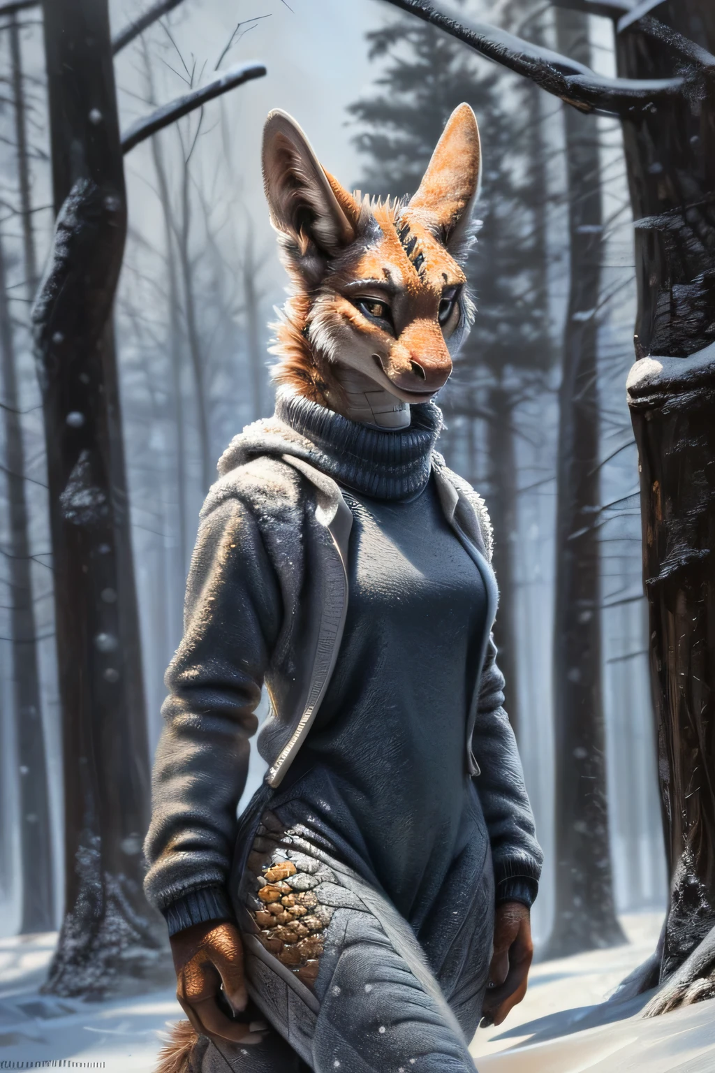 Sexy Character Portrait, Adult, (woman's:1.4), (anthro:1.2), dragon, woman's, Winter Fur White Clothing, Thin, hi res, photo realism, soft shading, presenting , (A detailed eye:1.1), Beautiful eyes, (Masterpiece:1.2), Detailed Face, good anatomy, Detailed scales, 1tail, tail, cinematic lighting, ultradetailed, Professional photography, HDR, ........3d, lifelike, cinematic, Realistic, hyper detailed, max detail, surround light, Author: kenket , by Ross Tran, Michael & Inessa Garmash, Pino Daeni, by ruan jia, solo, (Realistic scale, scale, Realistic texture scale:1), Detailed background, Photorealistic, hyper realistic, Standing, exteriors, Winter Forest,