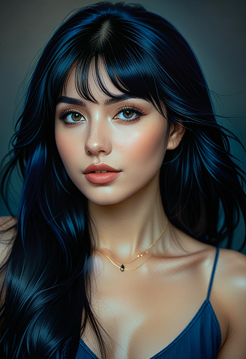 a 22yo woman with long black hair, in the style of charlie bowater, dark blue and dark black,realistic color palette, soft-focused realism,black hair, long hair, blunt bangs