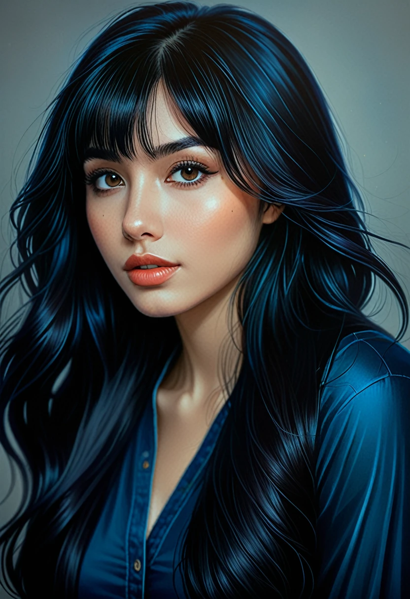 a 22yo woman with long black hair, in the style of charlie bowater, dark blue and dark black,realistic color palette, soft-focused realism,black hair, long hair, blunt bangs