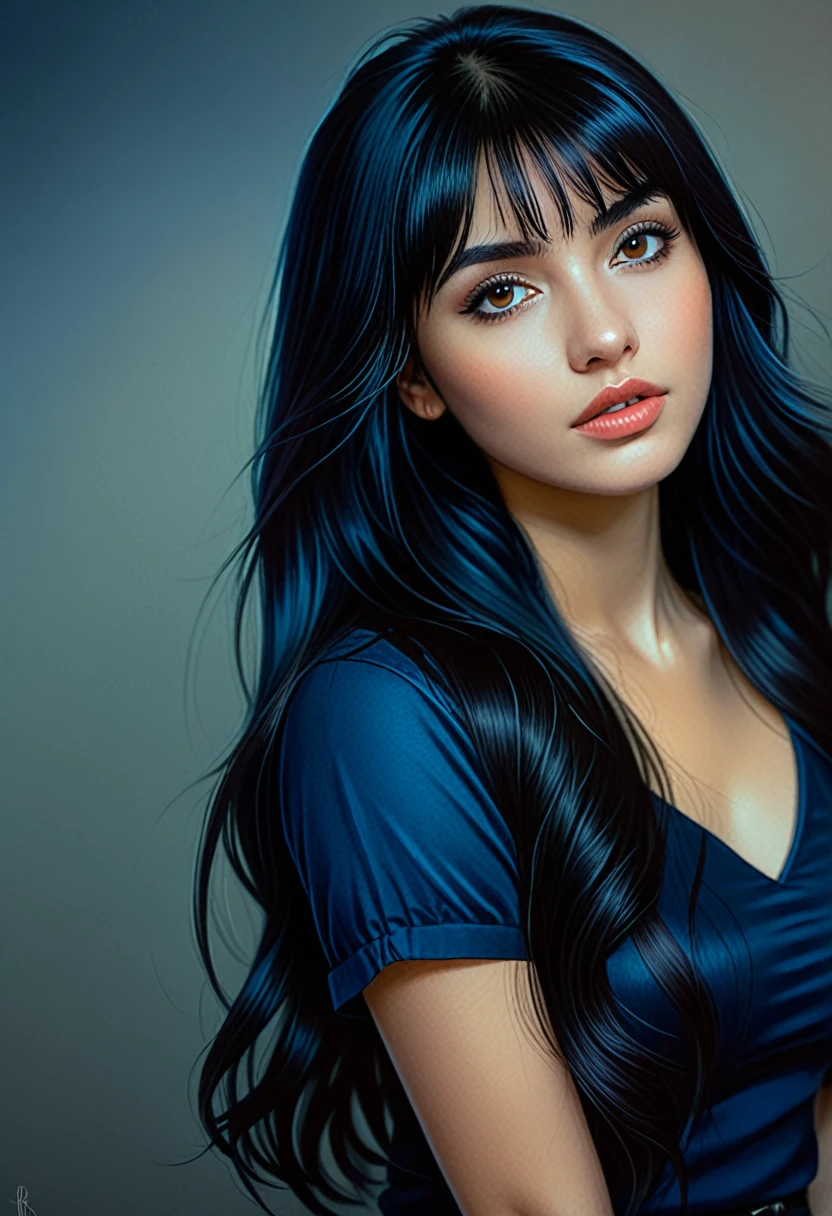 a 22yo woman with long black hair, in the style of charlie bowater, dark blue and dark black,realistic color palette, soft-focused realism,black hair, long hair, blunt bangs