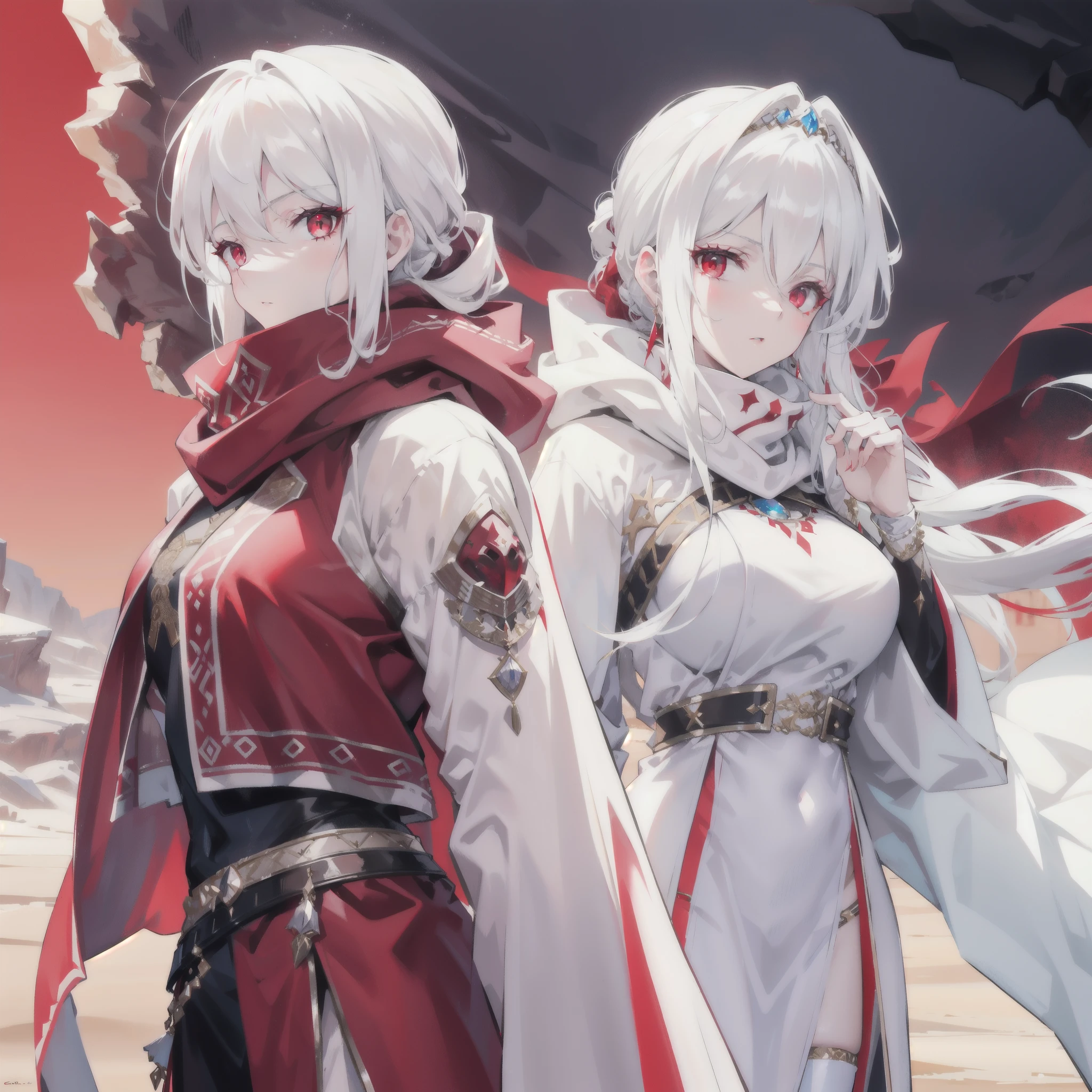 "Epic desert daylight atmosphere, stunning 4k artwork showcasing an elegant milf with her white hair tied up. Her deep red eyes pierce through the scene as she gracefully dons a white heroine cloak and hood in the midst of the vast desert."